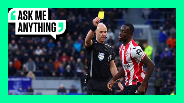  Michael Kayode of Brentford is shown the yellow card by referee Anthony Taylor - BBC Sport 'Ask Me Anything' banner