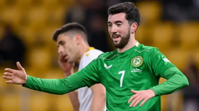 Finn Azaz celebrating scoring for the Republic of Ireland against Bulgaria