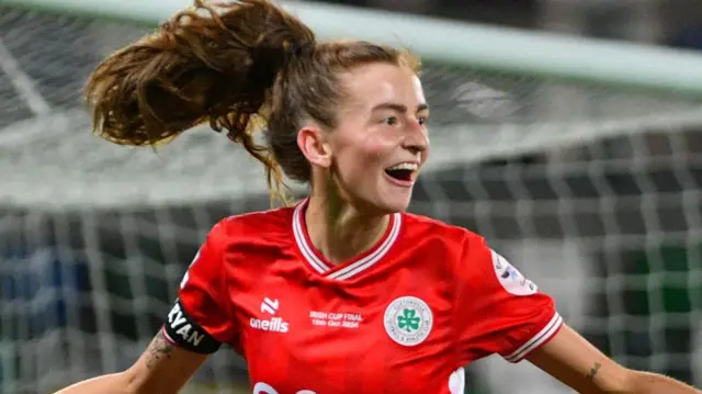 Caitlin McGuinness celebrates scoring in the Irish Cup final