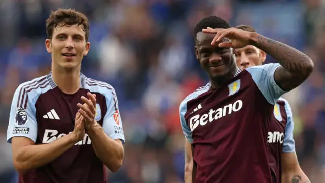 Jhon Duran celebrates with Pau Torres after Aston Villa's narrow victory over Leicester City in the Premier League