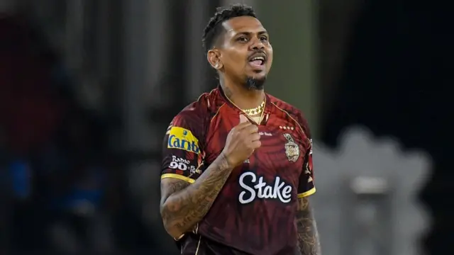 Trinbago Knight Riders' Sunil Narine celebrates a wicket