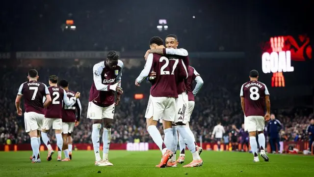 Villa players celebrate against Manchester United