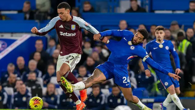 Morgan Rogers of Aston Villa and Reece James of Chelsea battle for the ball