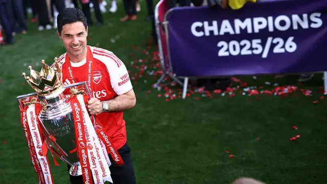 Arsenal manager Mikel Arteta poses with the Premier League trophy