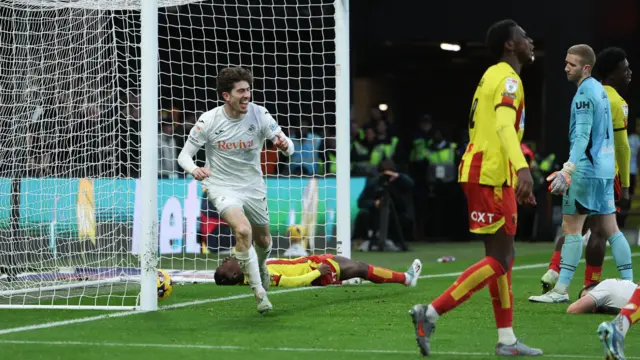 Josh Key celebrates scoring at Watford