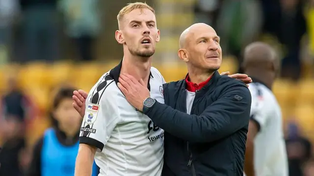 Bristol City boss Gerhard Struber celebrates their win at Norwich with goalscorer Mark Sykes