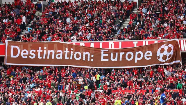 Nottingham Forest fans holding up a banner that says 'Destination: Europe'