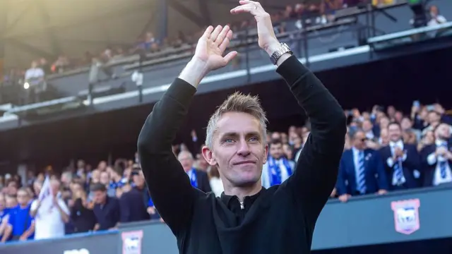 Ipswich Town Manager, Kieran McKenna, celebrates promotion to the Premier League after the Sky Bet Championship match.
