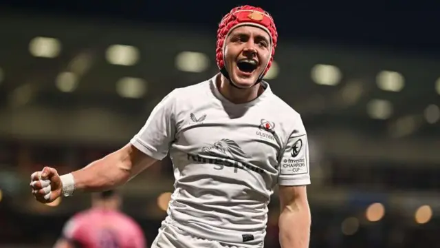 Mike Lowry celebrates Ulster's win against Exeter