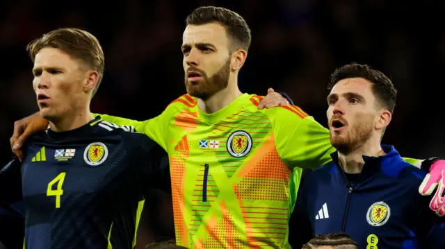 Scotland goalkeeper Angus Gunn with teammates Scott McTominay and Andy Robertson