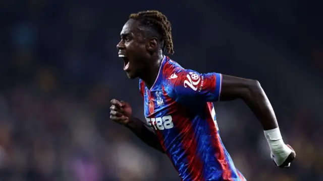 Trevoh Chalobah of Crystal Palace celebrates scoring his team's first goal during the Premier League match between Wolverhampton Wanderers FC and Crystal Palace FC at Molineux