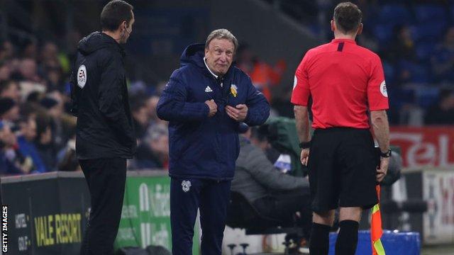 Cardiff manager Neil Warnock complaining to officials