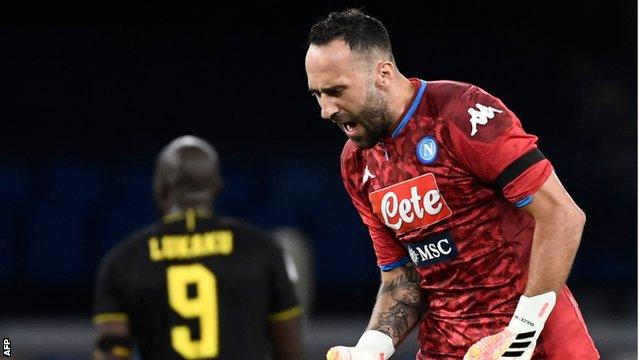 Napoli keeper David Ospina reacts after Dries Mertens' goal