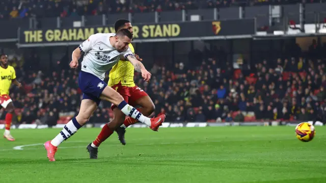 Preston striker Milutin Osmajic scores his second goal at Watford