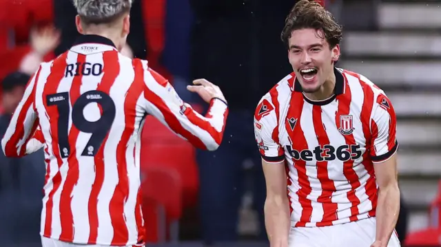 Milan Smith (right) celebrates scoring his first goals for Stoke City 