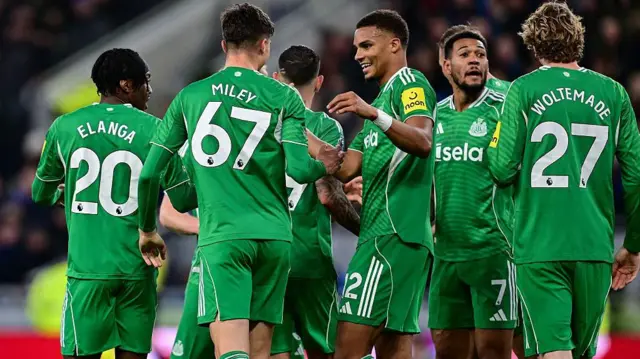 Newcastle players celebrate against Everton