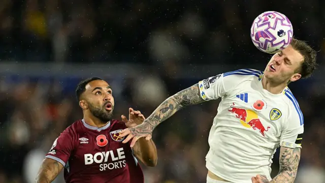 Joe Rodon heads the ball