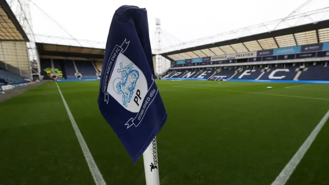 Preston North End's club badge on a corner flag at Deepdale.