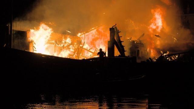 A large fire seen at night