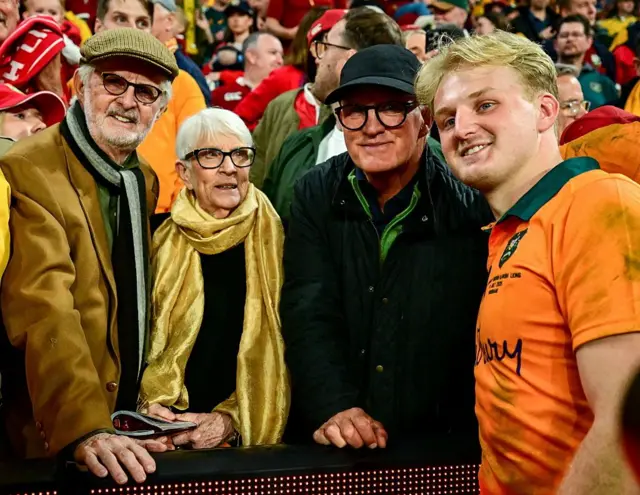 Tom Lynagh of Australia with his father, former Australian rugby international Michael Lynagh and grandparents Dr Ian Lynagh and Marie Lynagh, after the first test match.