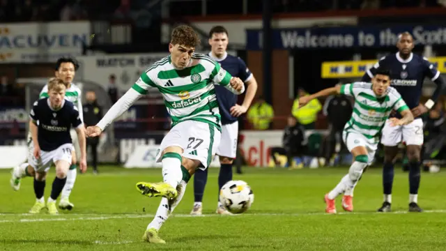 Arne Engels' injury time penalty salvaged a point for Celtic at Dundee