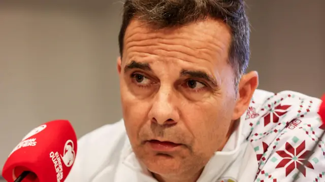 Head coach Carlos Alos during a Belarus MD-1 press conference at the ZTE Arena