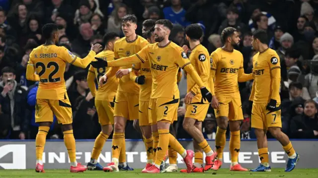 Wolves players celebrate Matt Doherty's equaliser