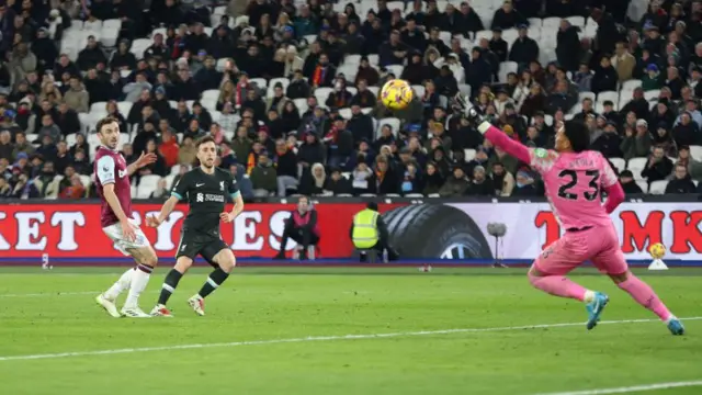 Diogo Jota scores for Liverpool against West Ham