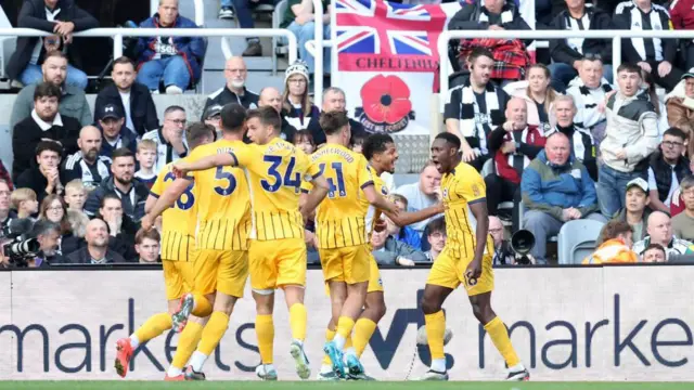 Danny Welbeck celebrates with his Brighton team mates after scoring