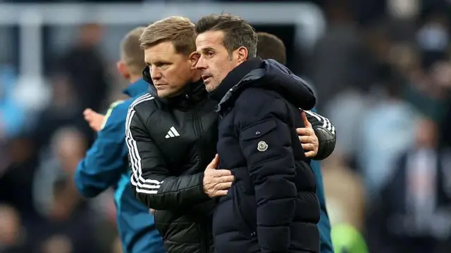 Newcastle boss Eddie Howe and Fulham counterpart Marco Silva embrace on the touchline