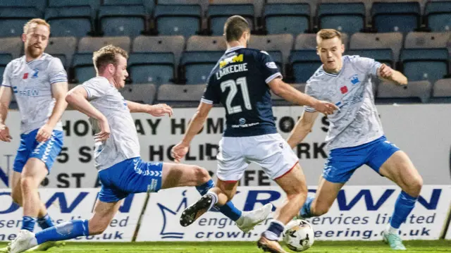 Dundee's Ziyad Larkeche scores to make it 3-2 during a William Hill Premiership match between Dundee and Kilmarnock at the Scot Foam Stadium at Dens Park