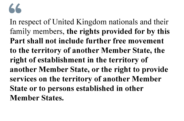 In respect of United Kingdom nationals and their family members, the rights provided for by this Part shall not include further free movement to the territory of another Member State, the right of establishment in the territory of another Member State, or the right to provide services on the territory of another Member State or to persons established in other Member States.