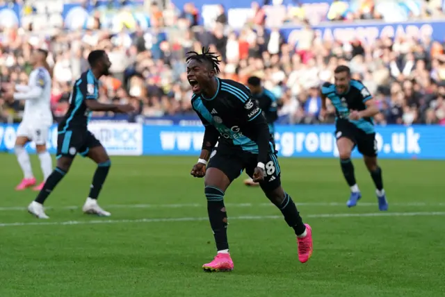 Leicester City's Abdul Fatawu celebrates scoring their side's second goal against Swansea