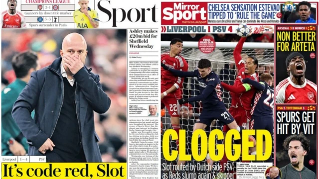 Daily Telegraph and Daily Mirror back pages that say 'It's code red, Slot' and 'Clogged'