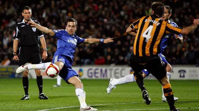 Chelsea's Joe Cole has this shot defended by Hull City's Ian Ashbee during a Barclays Premier League game at the KC Stadium in Hull, England, on October 29, 2008
