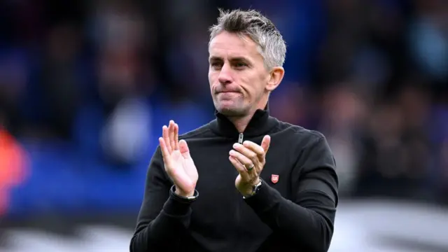 Kieran McKenna, Manager of Ipswich Town, acknowlegdes the fans after the Premier League match between Ipswich Town FC and Aston Villa FC at Portman Road