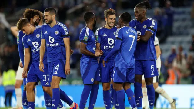 Harry Winks of Leicester City celebrates with his team mates after scoring to make it 4-0 during the Carabao Cup Second Round match between Leicester City and Tranmere Rovers at King Power Stadium