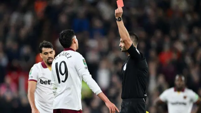 West Ham midfielder Edson Alvarez is sent off at Liverpool