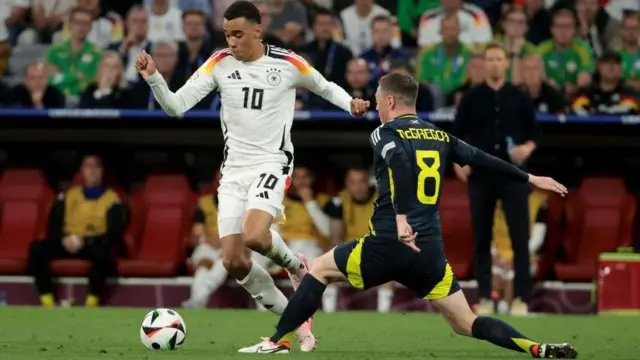 Germany's Jamal Musiala sidesteps Scotland's Callum McGregor