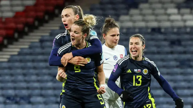 Sophie Howard celebrates her goal with Scotland teammates