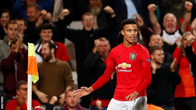 Mason Greenwood celebrates scoring for Manchester United in the Europa League