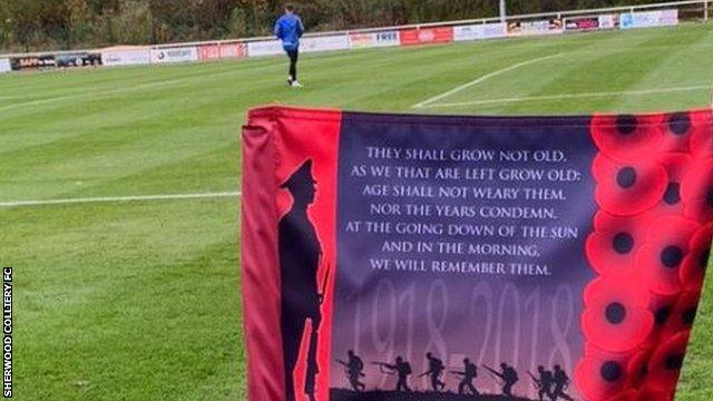 Sherwood Colliery had special Remembrance Day corner flags for their home game with Kimberley Miners Welfare on 27 October 2018