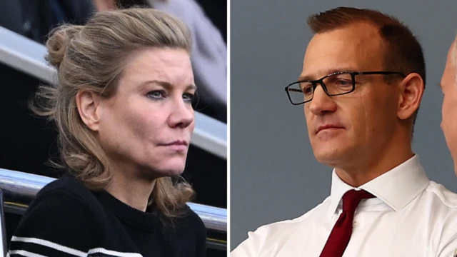 Amanda Staveley, pictured left in a black and white jumper at a Newcastle v West Ham game in March 2024, and Daniel Kretinsky, pictured right standing at the London Stadium with his arms folded wearing glasses, a smart white shirt and claret tie.