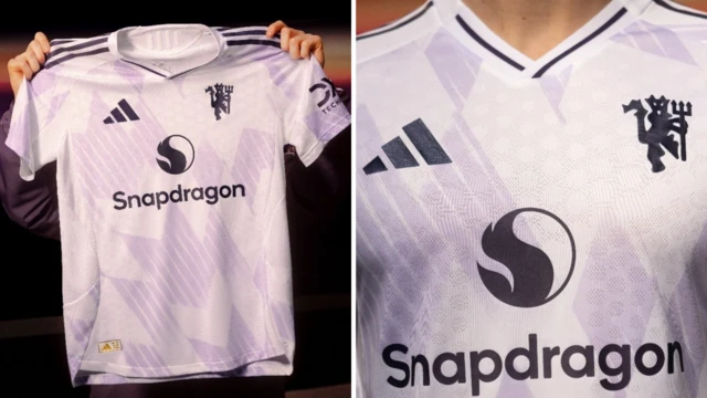 A split graphic showing Man Utd's away kit for 2025-26