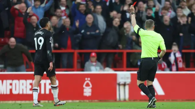 West Ham United's Edson Alvarez receives a red card during the Premier League match between Nottingham Forest FC and West Ham United FC at City Ground