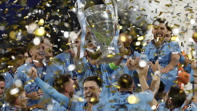 Manchester City lift the Champions League trophy in 2023