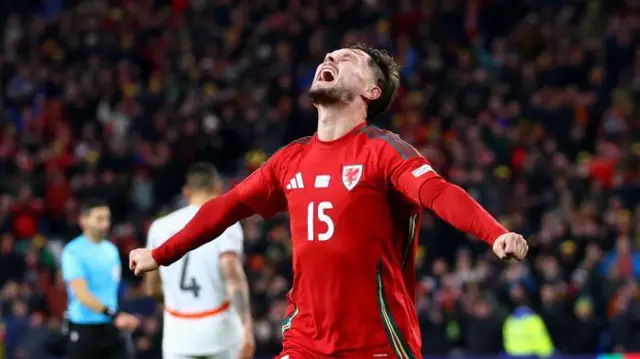 Liam Cullen celebrates goal for Wales