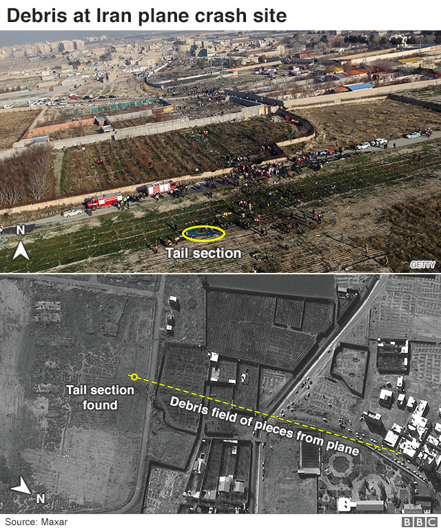 Two aerial photographs show the plane crash site