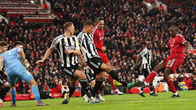 Ibrahima Konate scores Liverpool's fourth goal against Newcastle