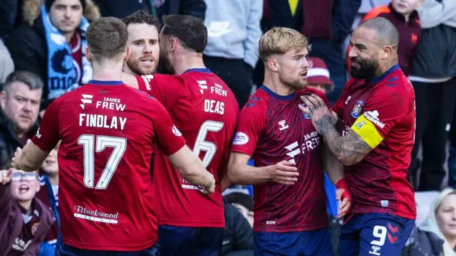 Kilmarnock's Marley Watkins celebrates with team mates after scoring to make it 1-1 during a Scottish Premiership match between Heart of Midlothian and Kilmarnock at Tynecastle Park